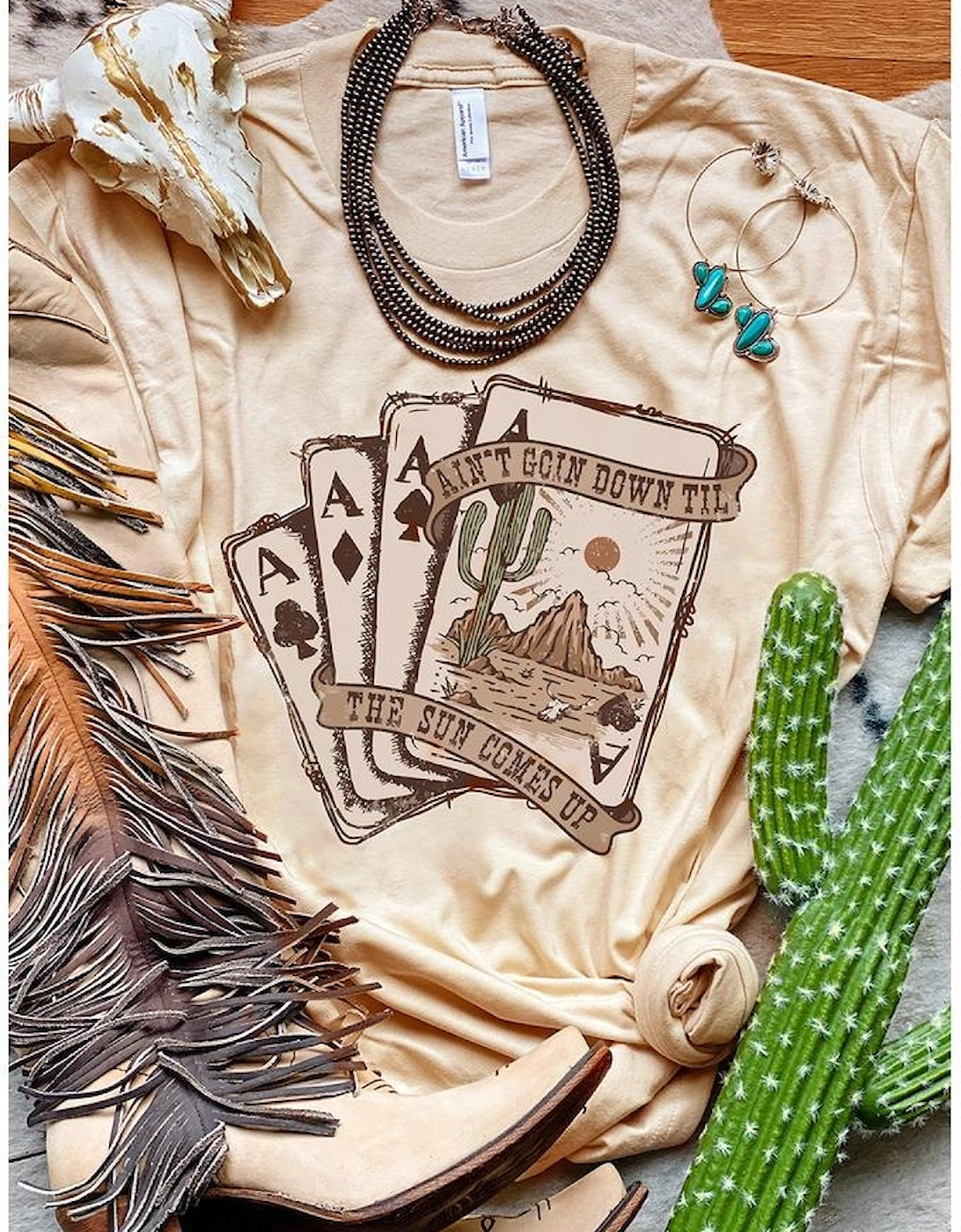 Khaki Western Poker Cards Graphic T Shirt