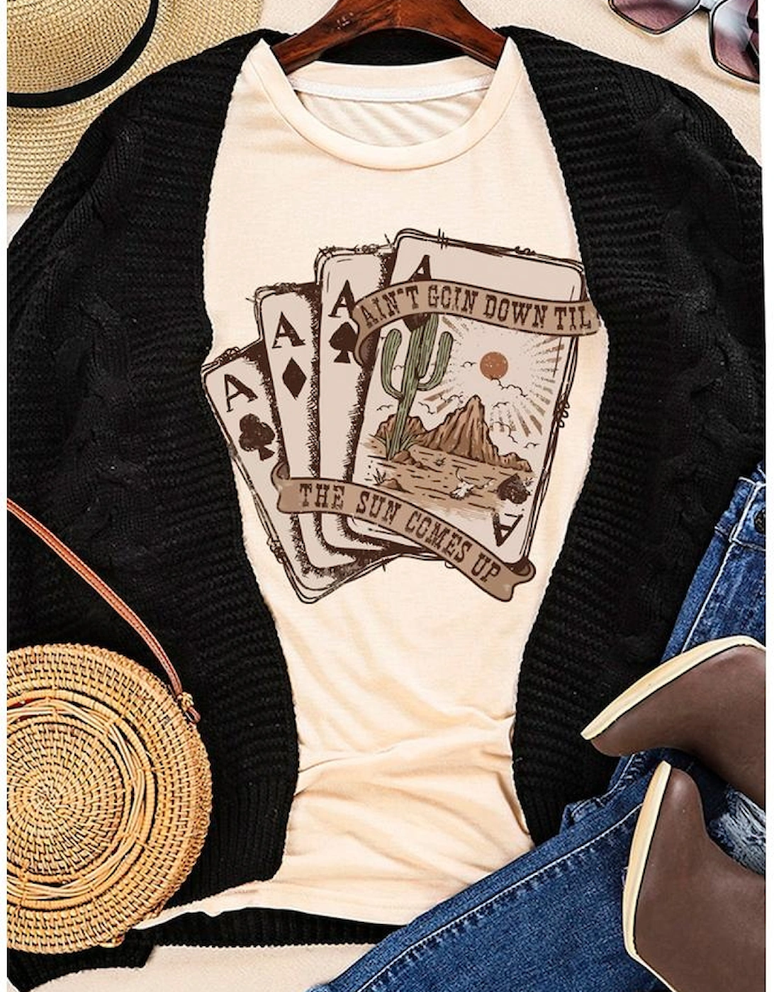 Khaki Western Poker Cards Graphic T Shirt