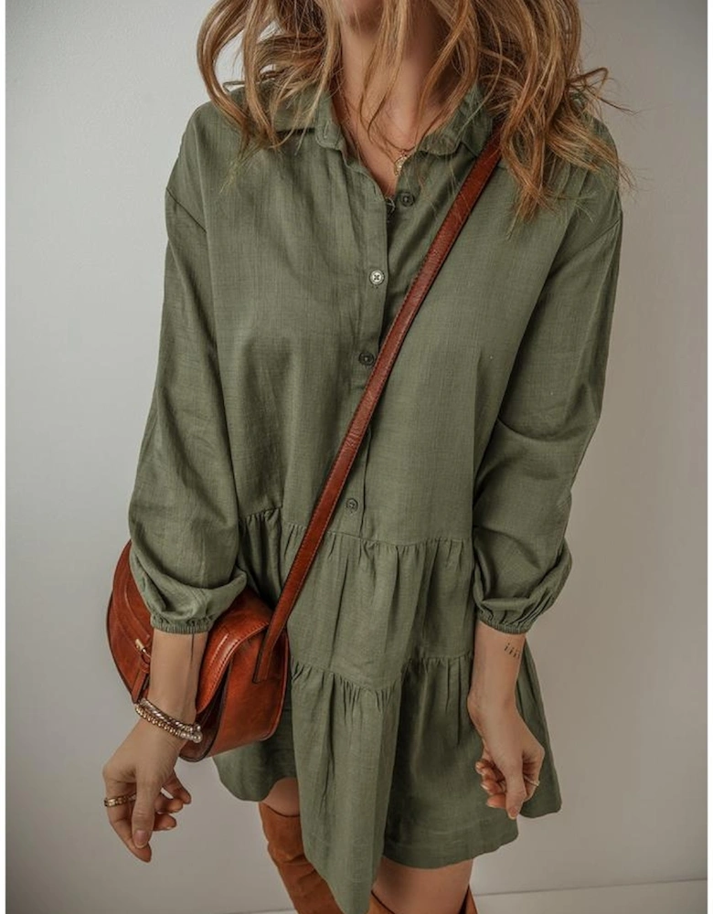 Jungle Green Puff Sleeve Buttoned Tiered Pleated Shirt Mini Dress