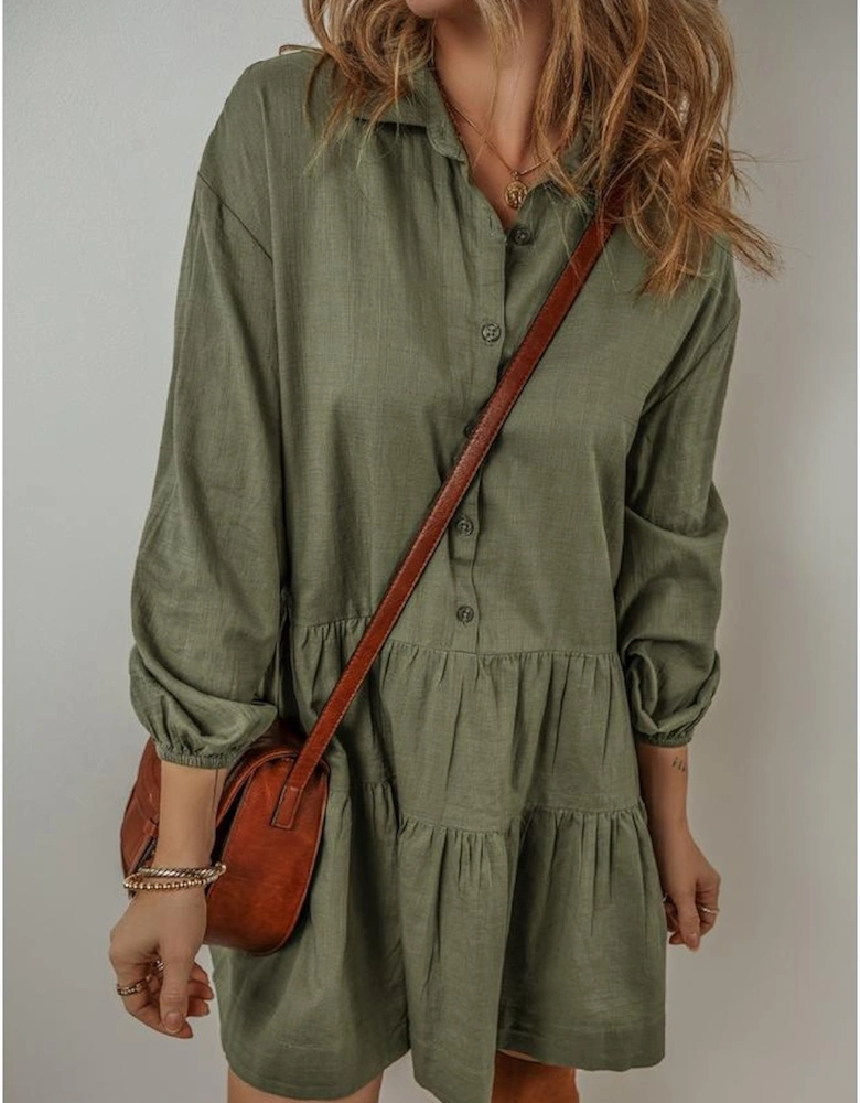 Jungle Green Puff Sleeve Buttoned Tiered Pleated Shirt Mini Dress