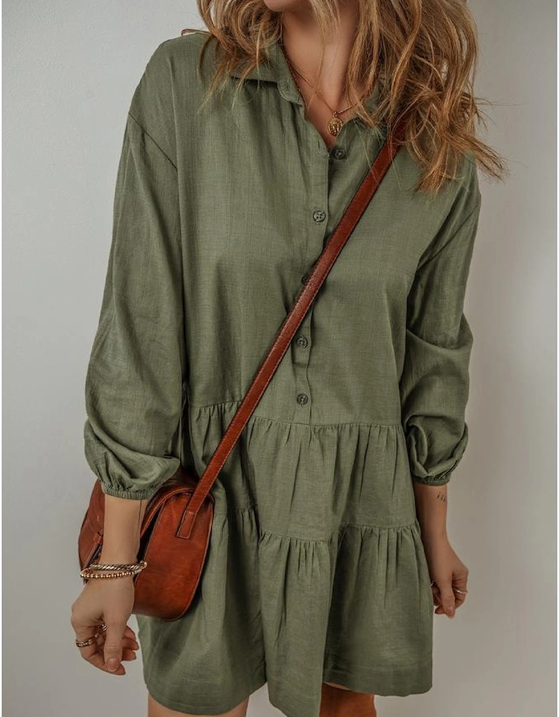Jungle Green Puff Sleeve Buttoned Tiered Pleated Shirt Mini Dress