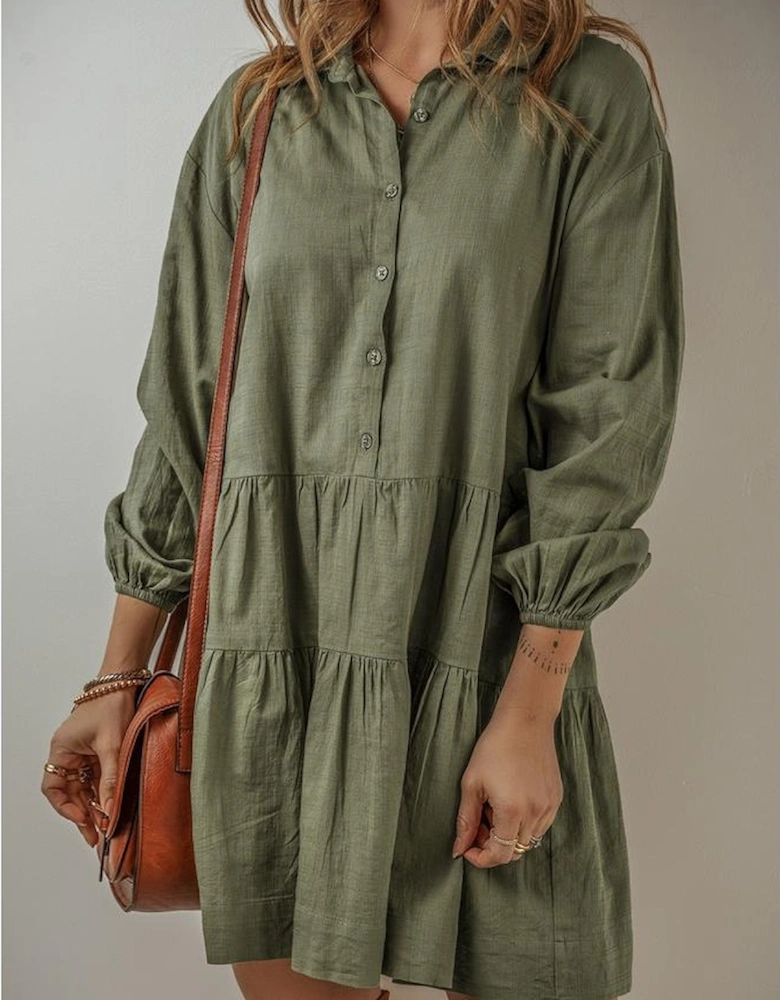 Jungle Green Puff Sleeve Buttoned Tiered Pleated Shirt Mini Dress