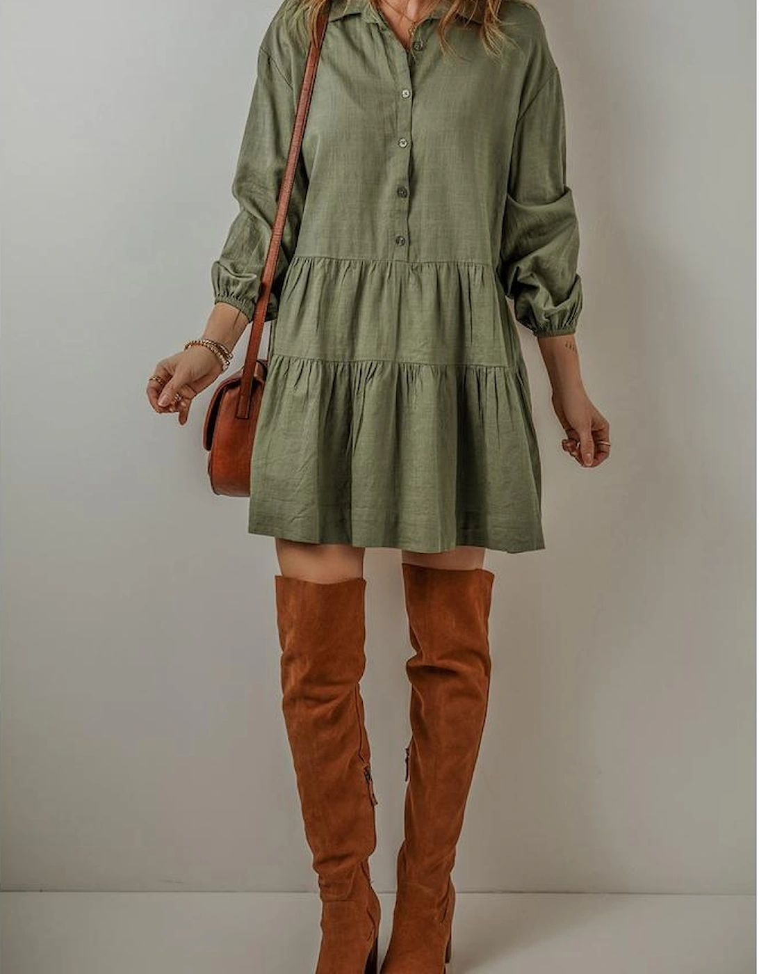 Jungle Green Puff Sleeve Buttoned Tiered Pleated Shirt Mini Dress