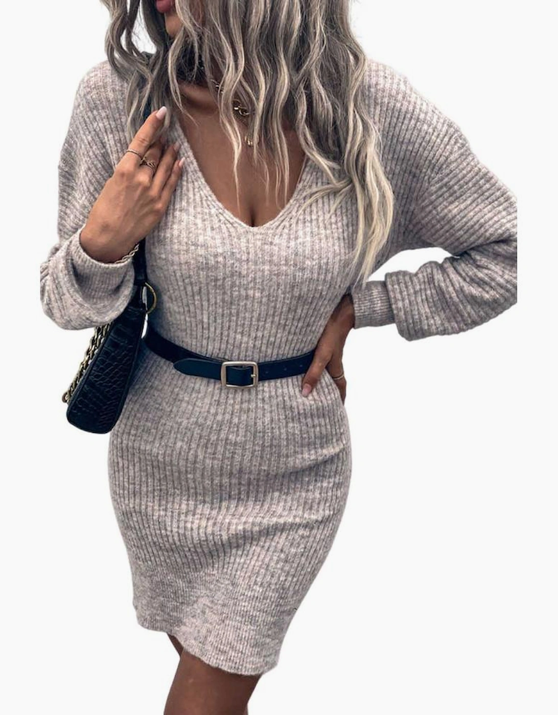 Gray V Neck Bodycon Sweater Dress, 6 of 5
