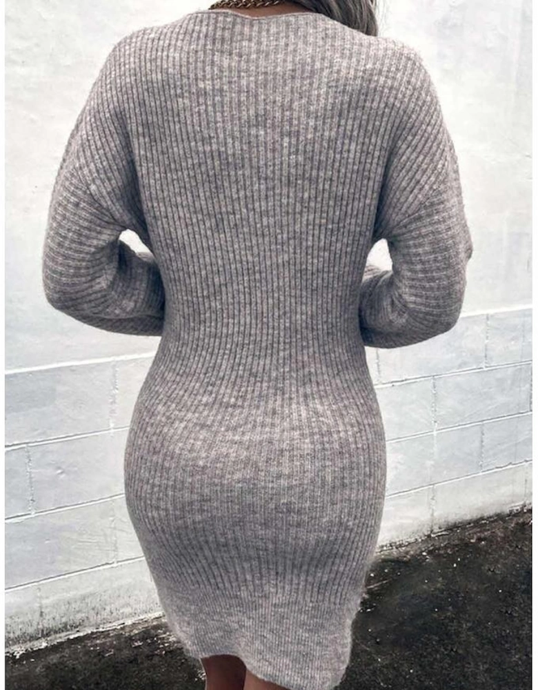 Gray V Neck Bodycon Sweater Dress
