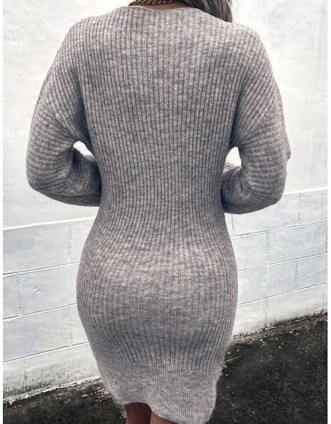 Gray V Neck Bodycon Sweater Dress