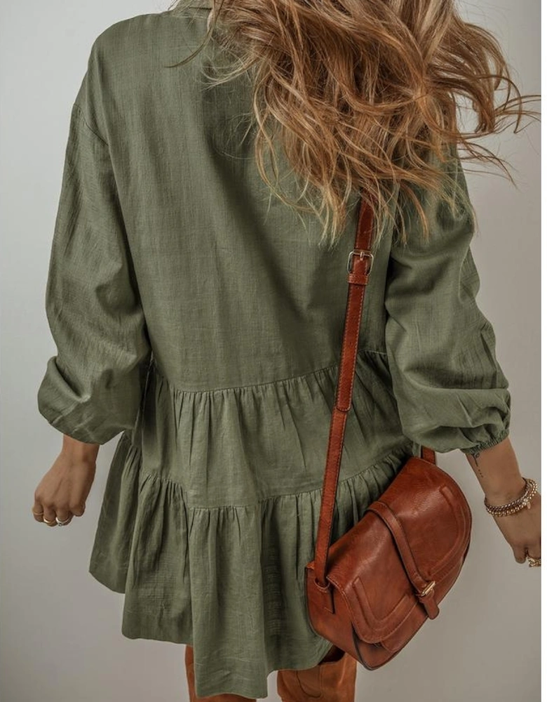 Jungle Green Puff Sleeve Buttoned Tiered Pleated Shirt Mini Dress