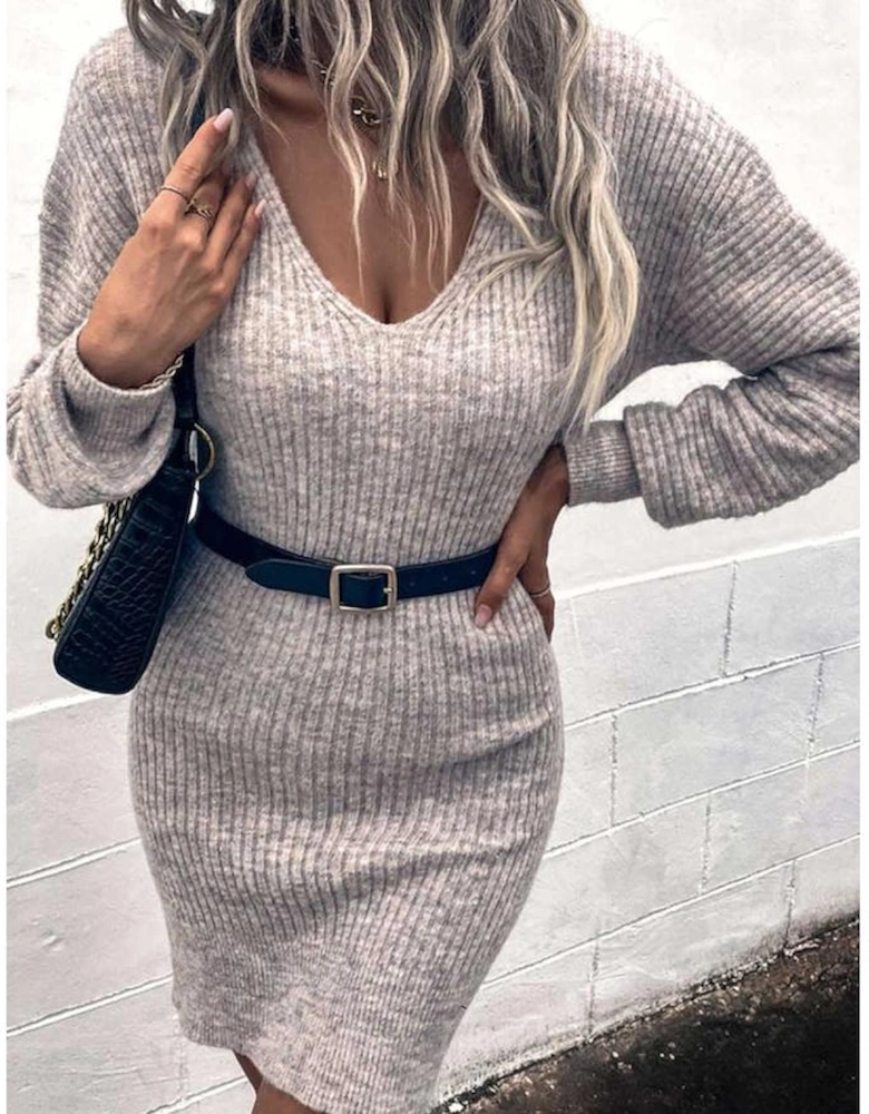 Gray V Neck Bodycon Sweater Dress