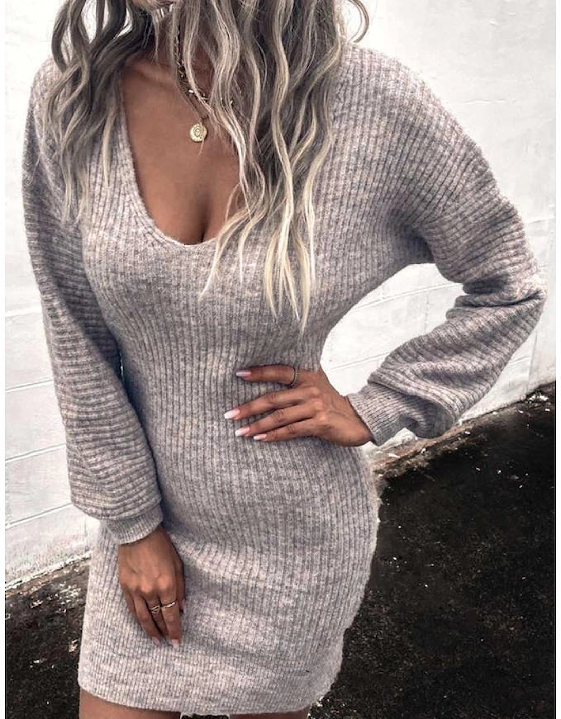 Gray V Neck Bodycon Sweater Dress