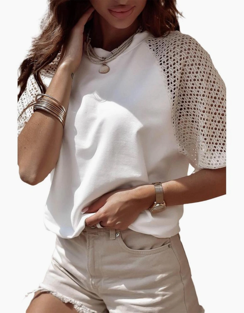 White Pointelle Lace Half Sleeve Crew Neck Tee