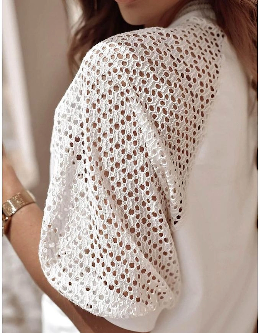 White Pointelle Lace Half Sleeve Crew Neck Tee
