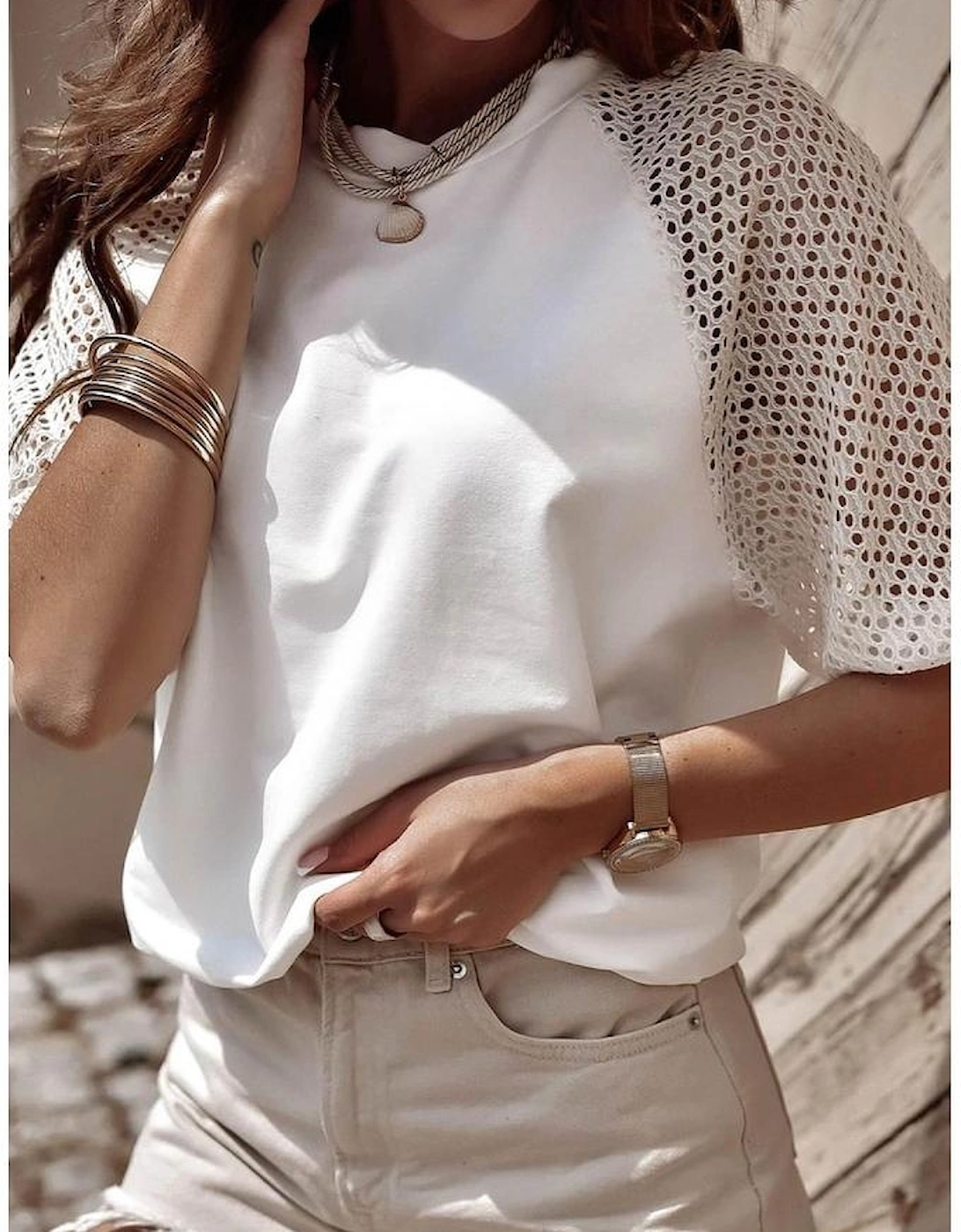 White Pointelle Lace Half Sleeve Crew Neck Tee, 5 of 4