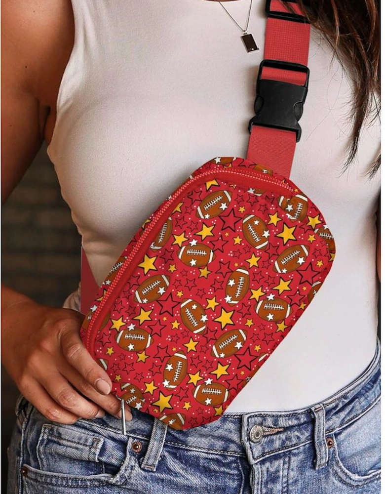 Fiery Red Rugby Football Star Printed Buckle Strap Crossbody Bag