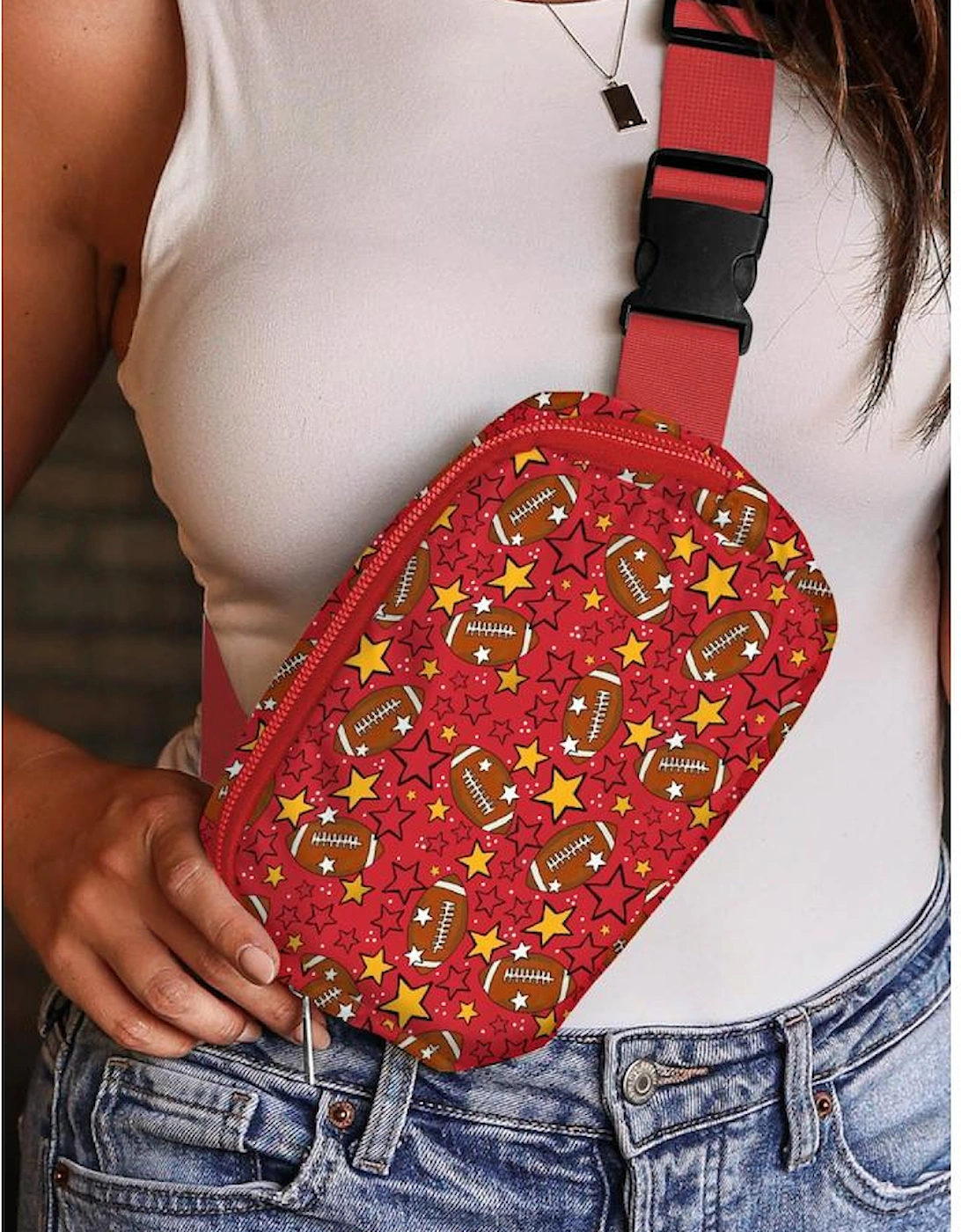 Fiery Red Rugby Football Star Printed Buckle Strap Crossbody Bag