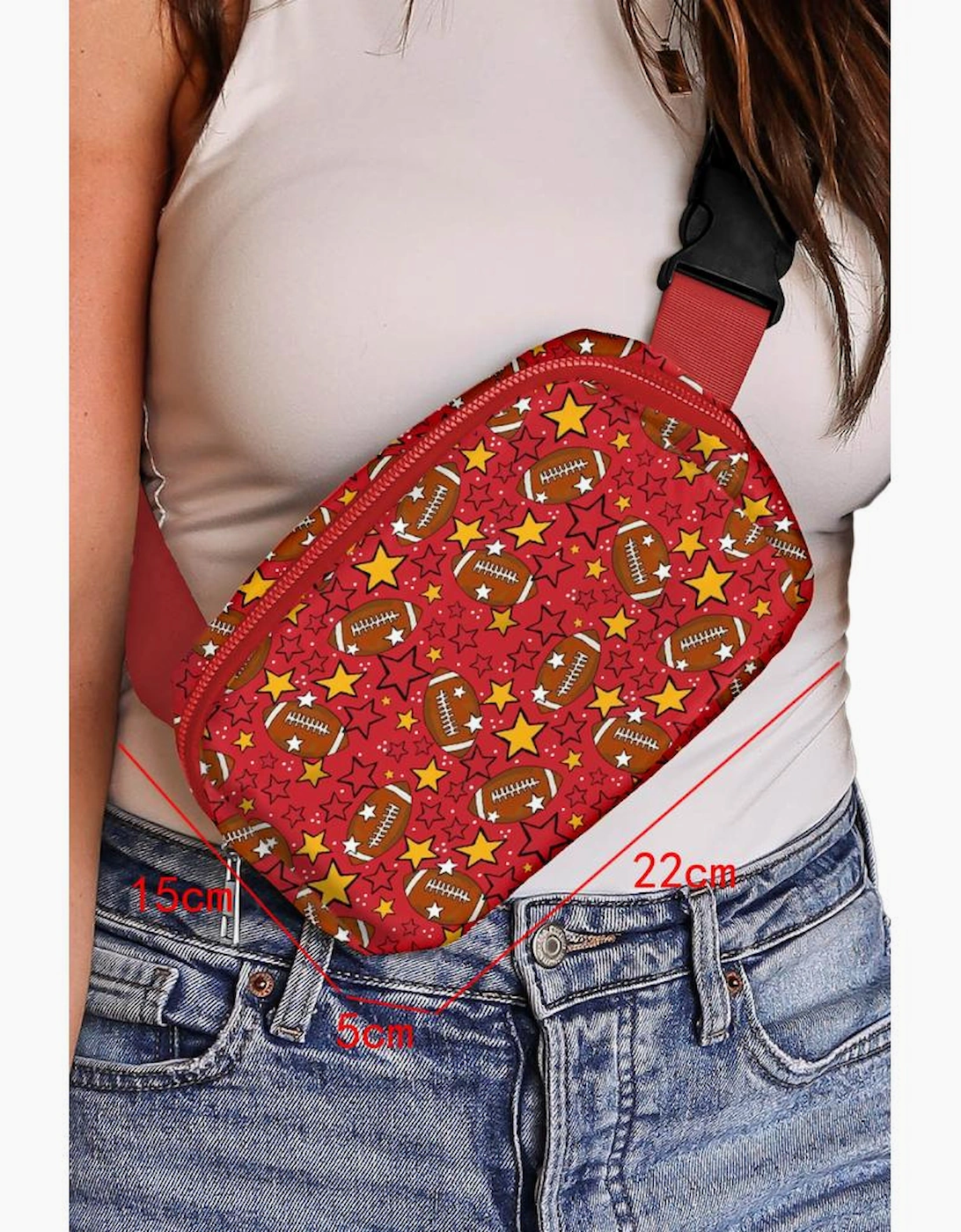 Fiery Red Rugby Football Star Printed Buckle Strap Crossbody Bag