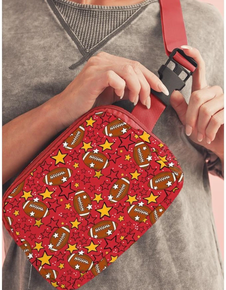 Fiery Red Rugby Football Star Printed Buckle Strap Crossbody Bag