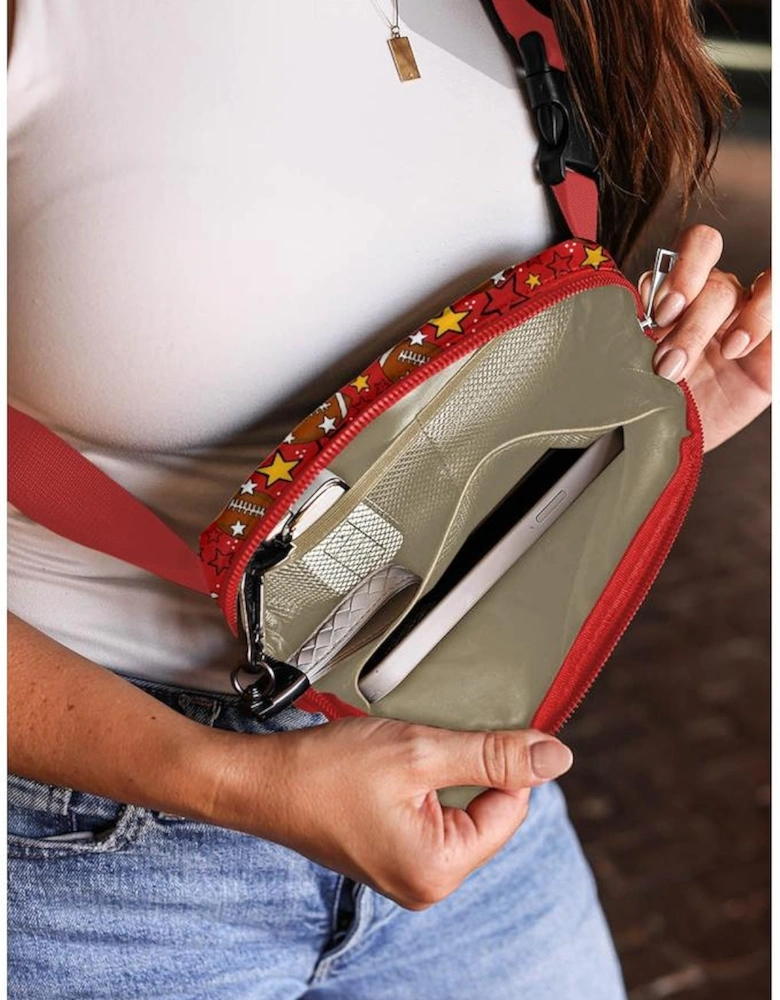 Fiery Red Rugby Football Star Printed Buckle Strap Crossbody Bag