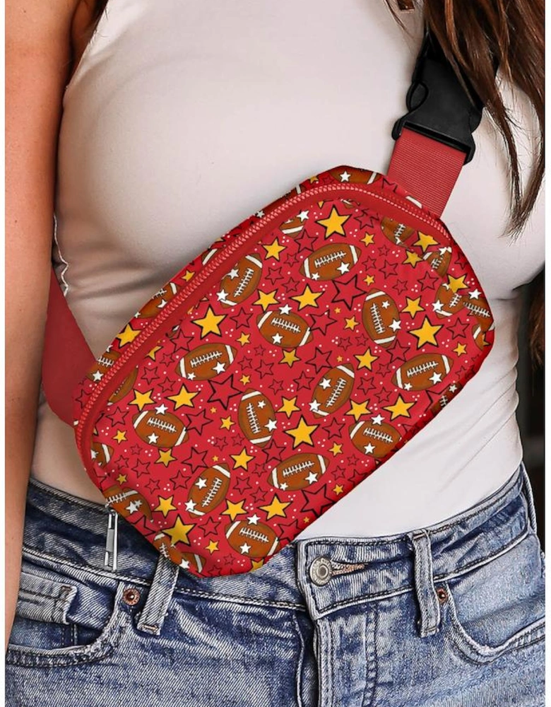 Fiery Red Rugby Football Star Printed Buckle Strap Crossbody Bag
