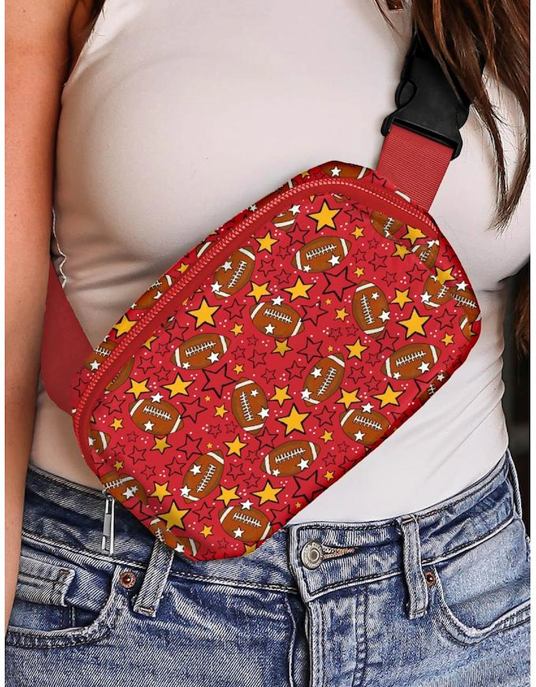 Fiery Red Rugby Football Star Printed Buckle Strap Crossbody Bag, 10 of 9
