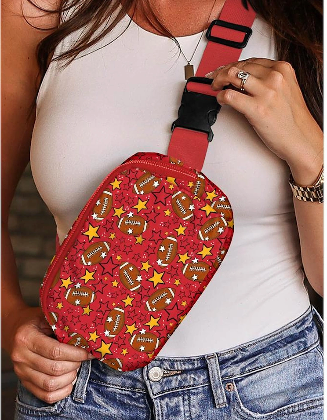 Fiery Red Rugby Football Star Printed Buckle Strap Crossbody Bag