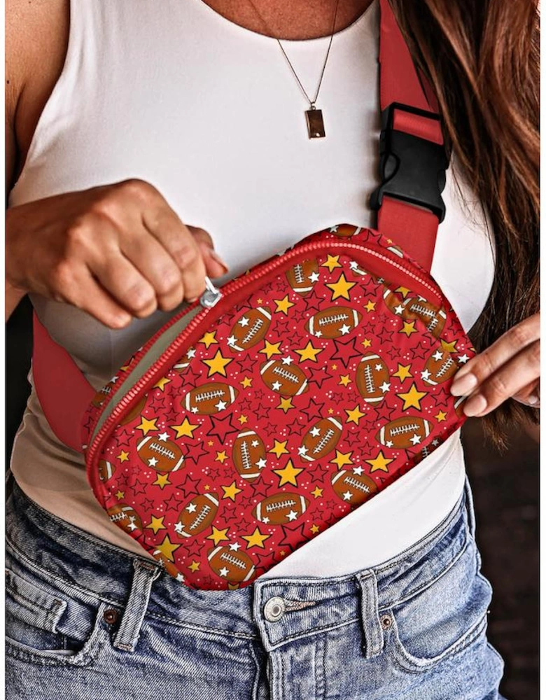 Fiery Red Rugby Football Star Printed Buckle Strap Crossbody Bag