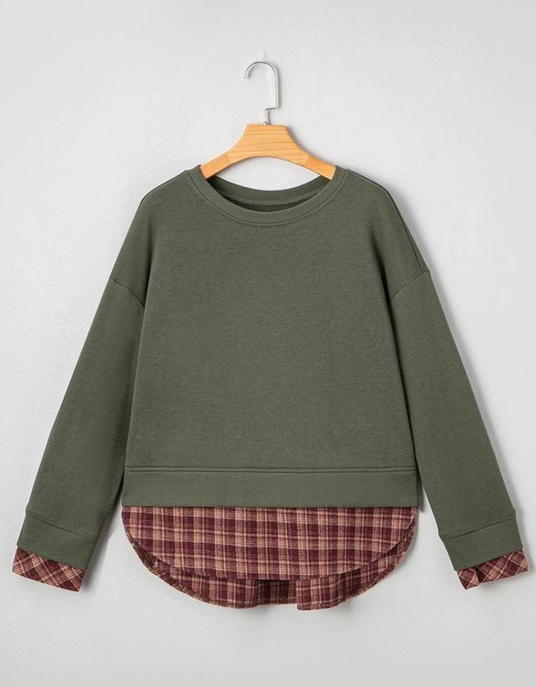 Moss Green Vintage Plaid Patchwork Drop Shoulder Sweatshirt