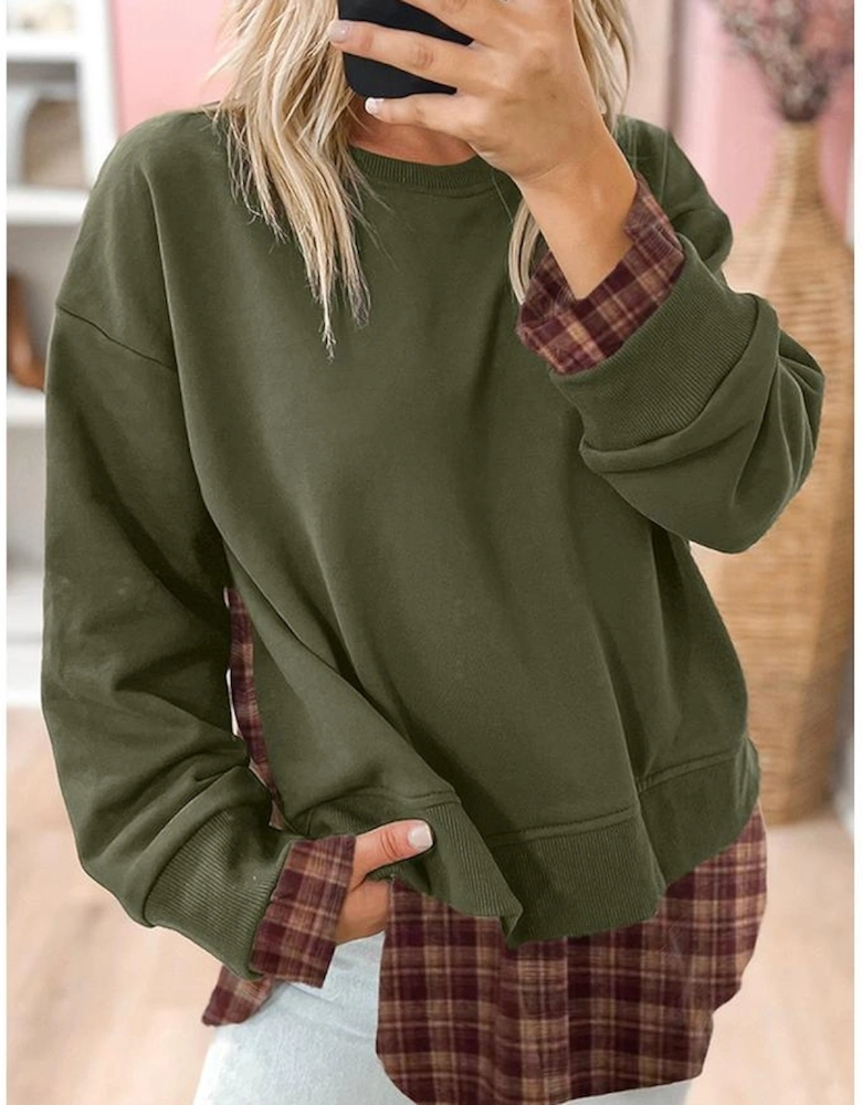 Moss Green Vintage Plaid Patchwork Drop Shoulder Sweatshirt