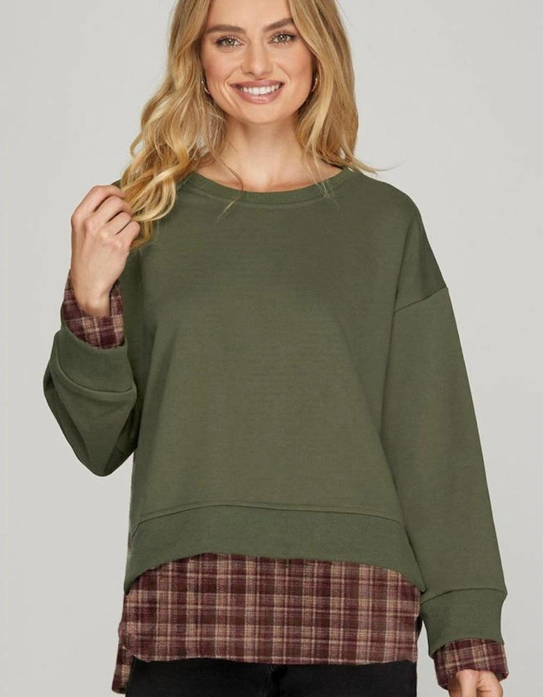 Moss Green Vintage Plaid Patchwork Drop Shoulder Sweatshirt