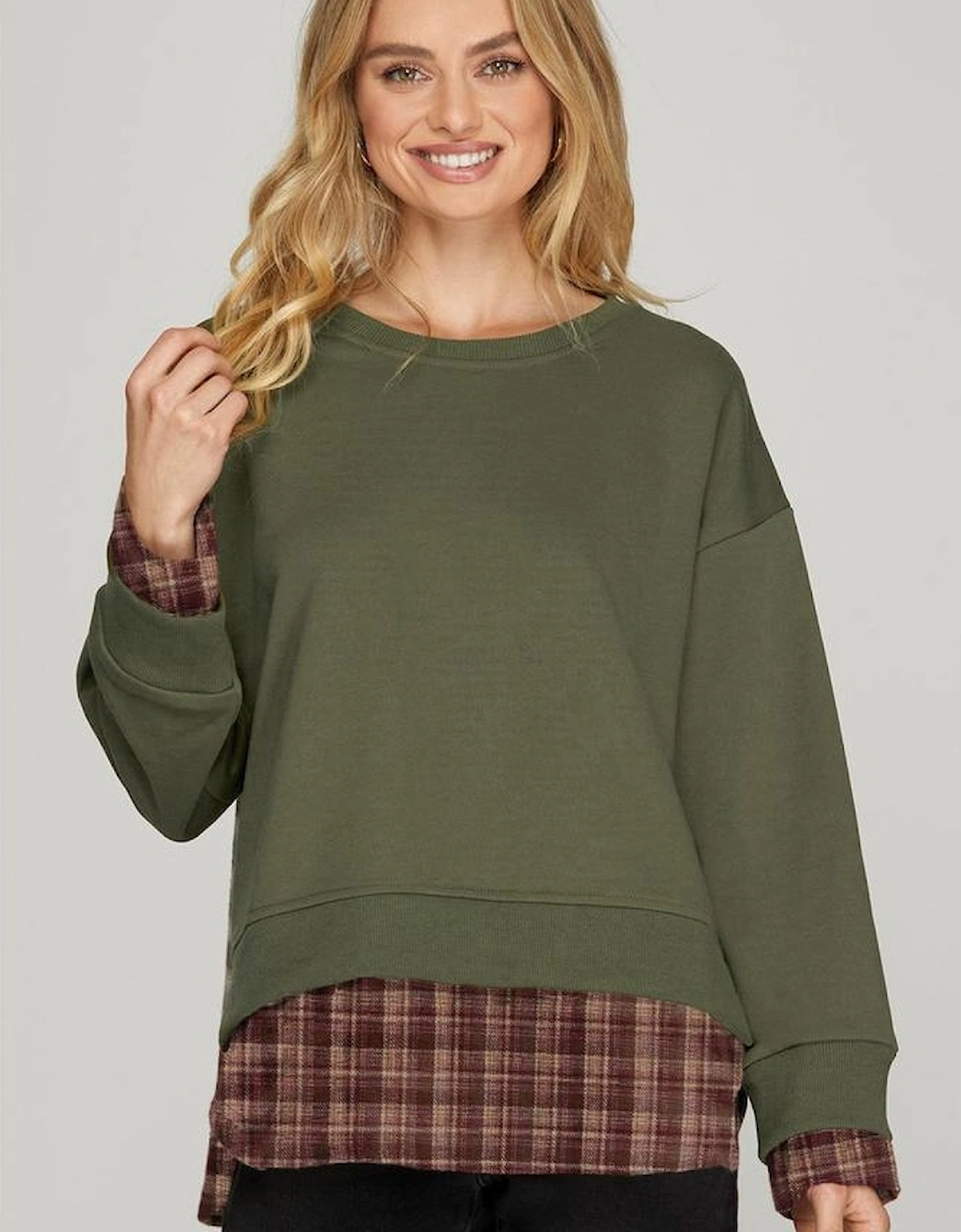 Moss Green Vintage Plaid Patchwork Drop Shoulder Sweatshirt