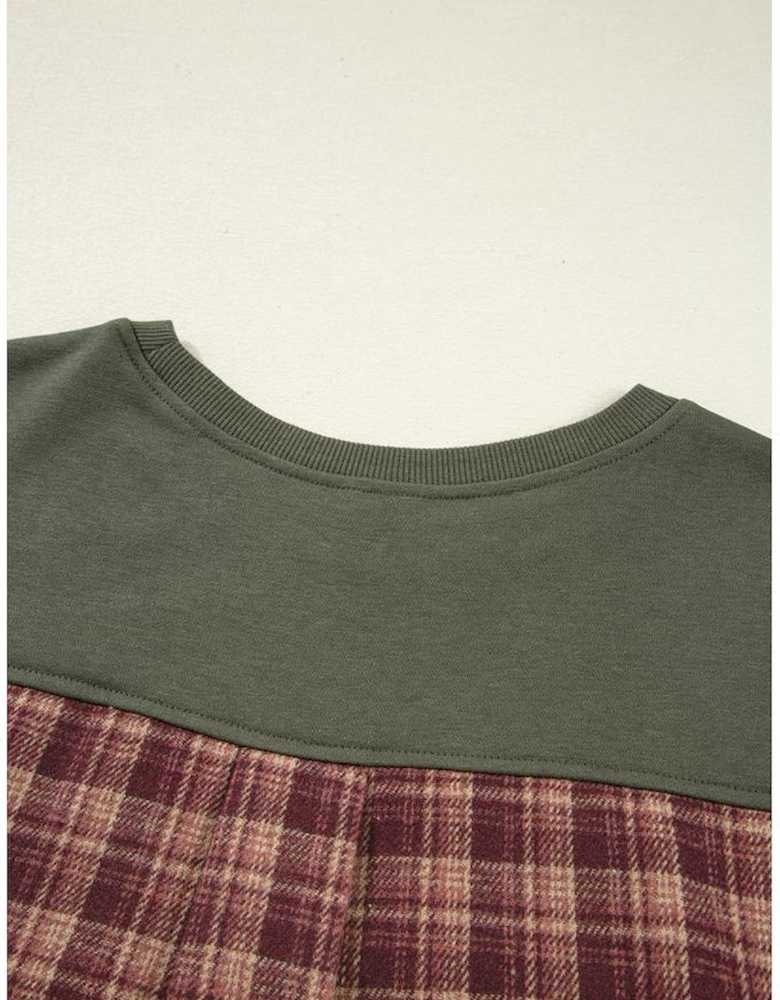 Moss Green Vintage Plaid Patchwork Drop Shoulder Sweatshirt