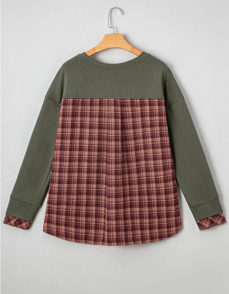 Moss Green Vintage Plaid Patchwork Drop Shoulder Sweatshirt