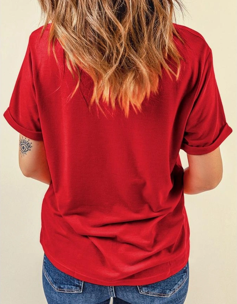 Red Floral USA Graphic Cuffed Sleeve Crew Neck Tee