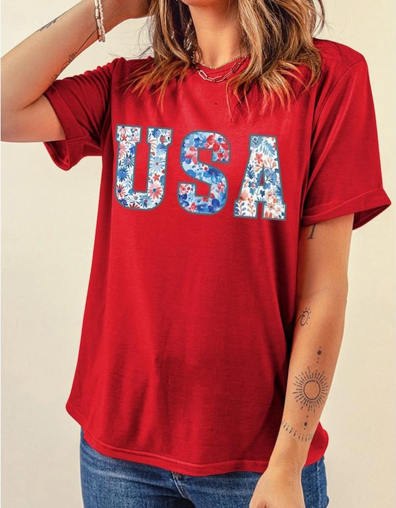 Red Floral USA Graphic Cuffed Sleeve Crew Neck Tee