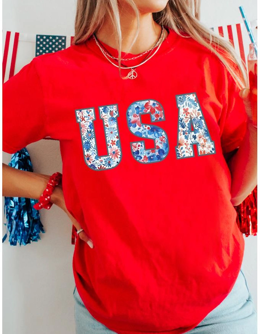 Red Floral USA Graphic Cuffed Sleeve Crew Neck Tee