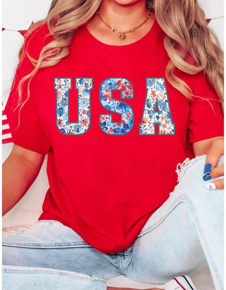 Red Floral USA Graphic Cuffed Sleeve Crew Neck Tee