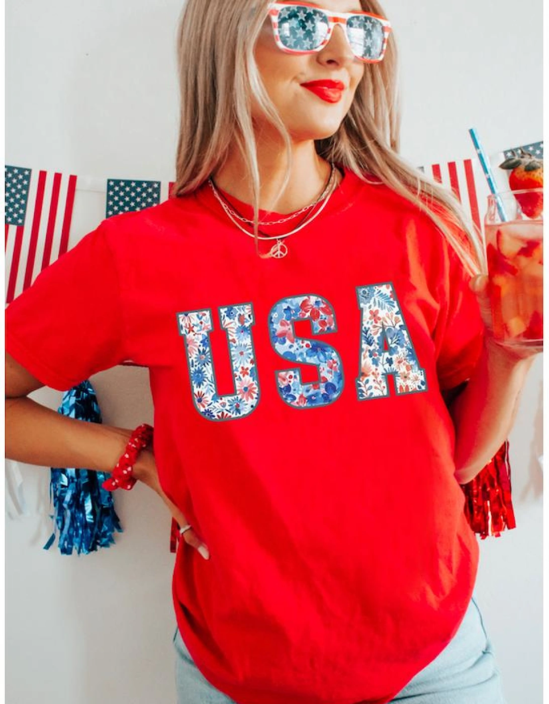 Red Floral USA Graphic Cuffed Sleeve Crew Neck Tee