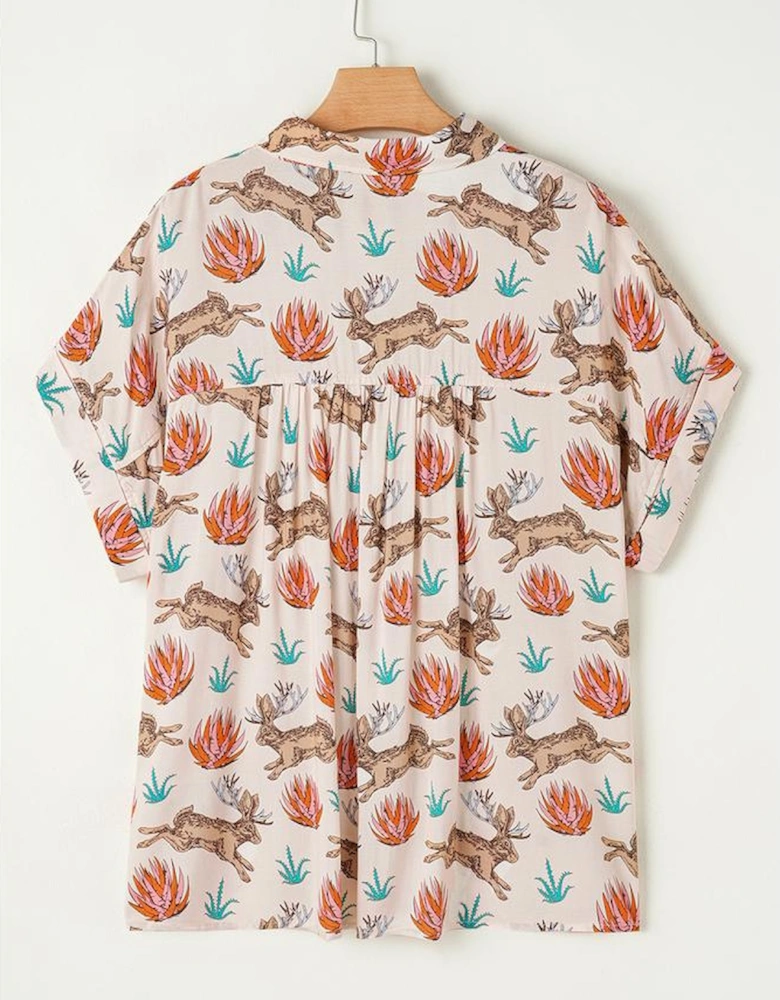 Khaki Plus Size Western Pattern Print Buttoned Short Sleeve Shirt