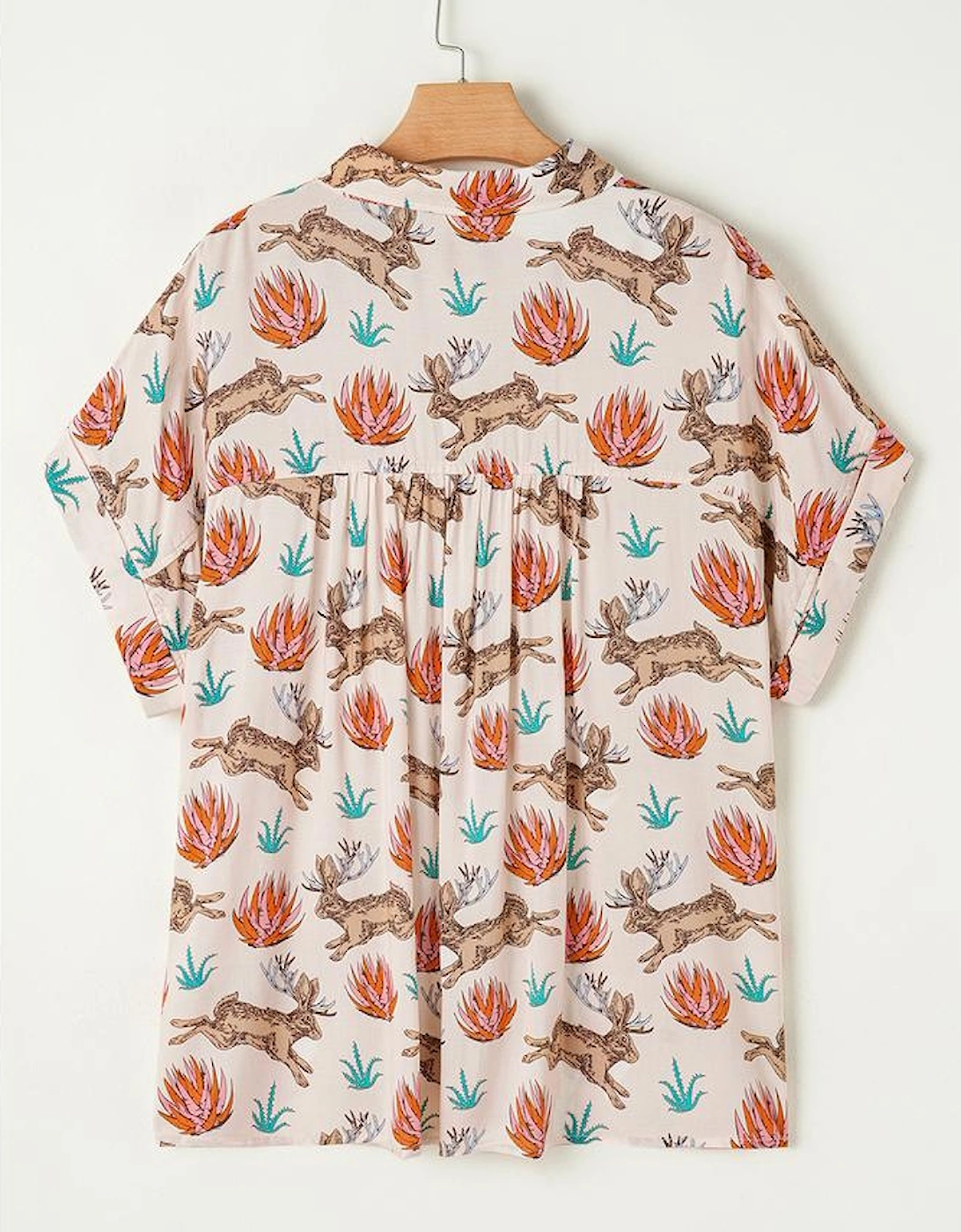 Khaki Plus Size Western Pattern Print Buttoned Short Sleeve Shirt
