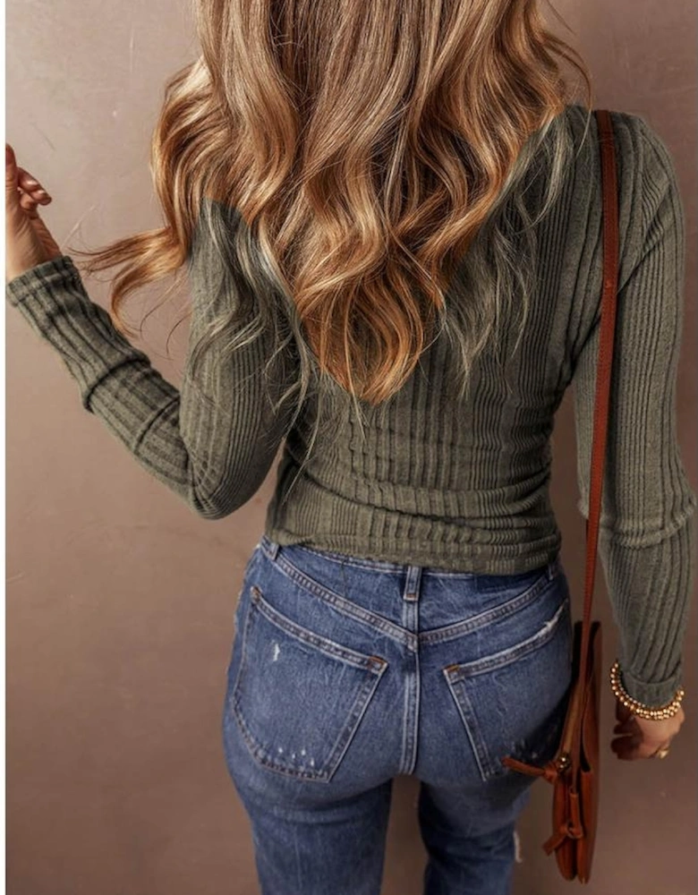 Jungle Green Ribbed Knit Half Button Slim Fit Blouse