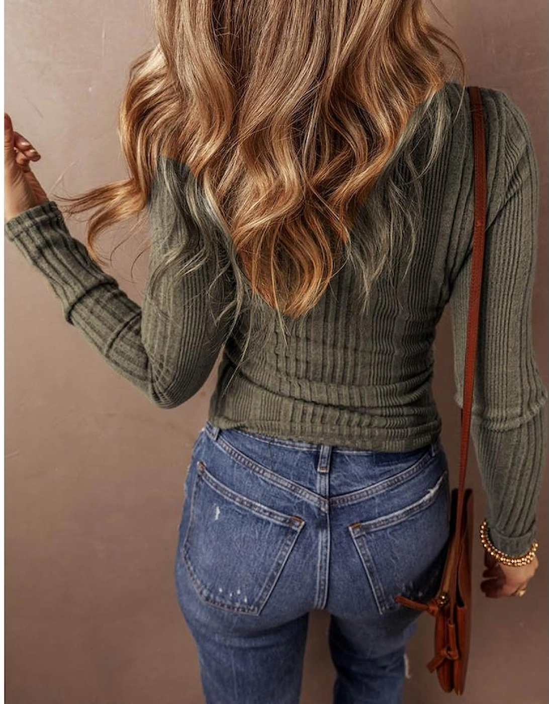 Jungle Green Ribbed Knit Half Button Slim Fit Blouse