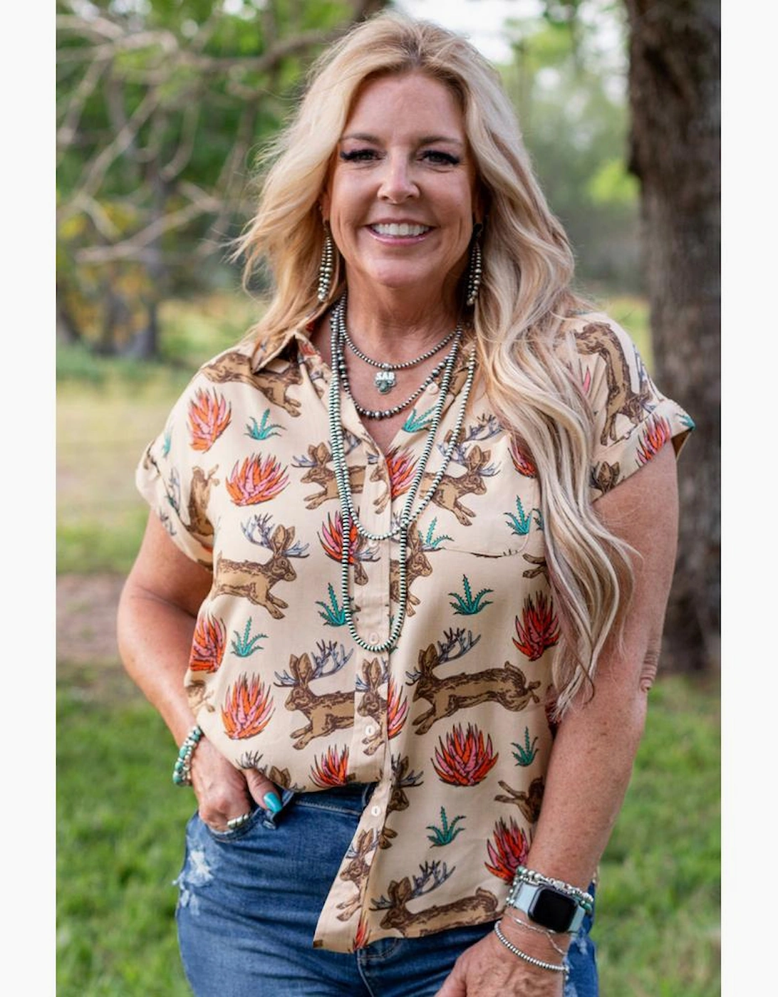 Khaki Plus Size Western Pattern Print Buttoned Short Sleeve Shirt