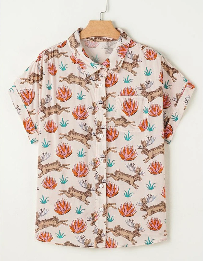 Khaki Plus Size Western Pattern Print Buttoned Short Sleeve Shirt