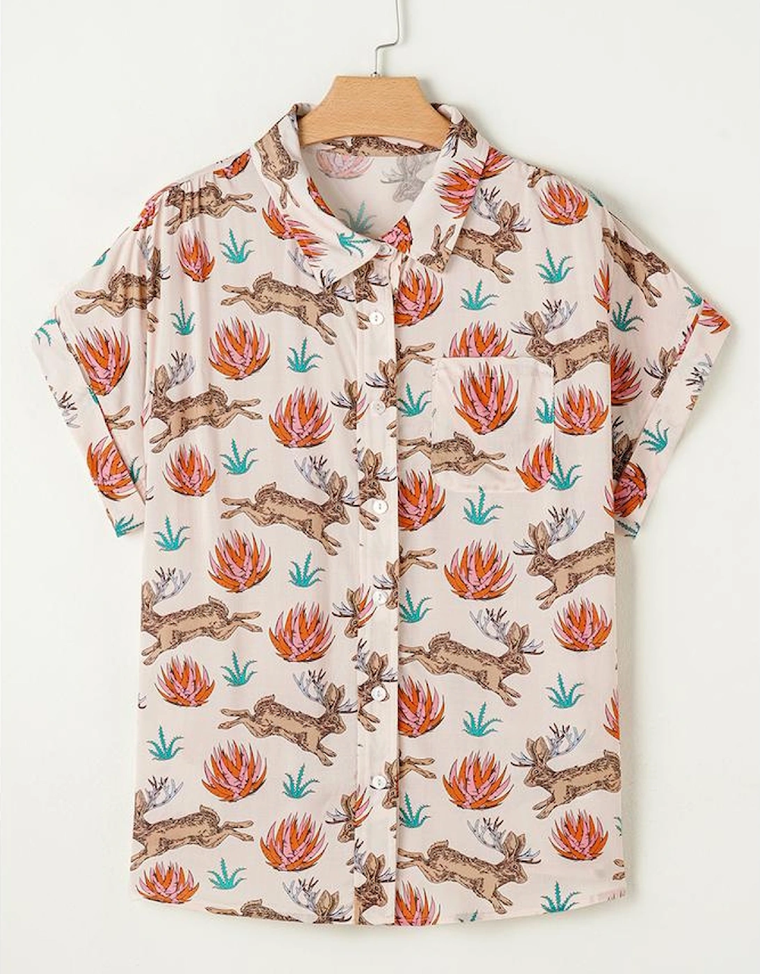 Khaki Plus Size Western Pattern Print Buttoned Short Sleeve Shirt