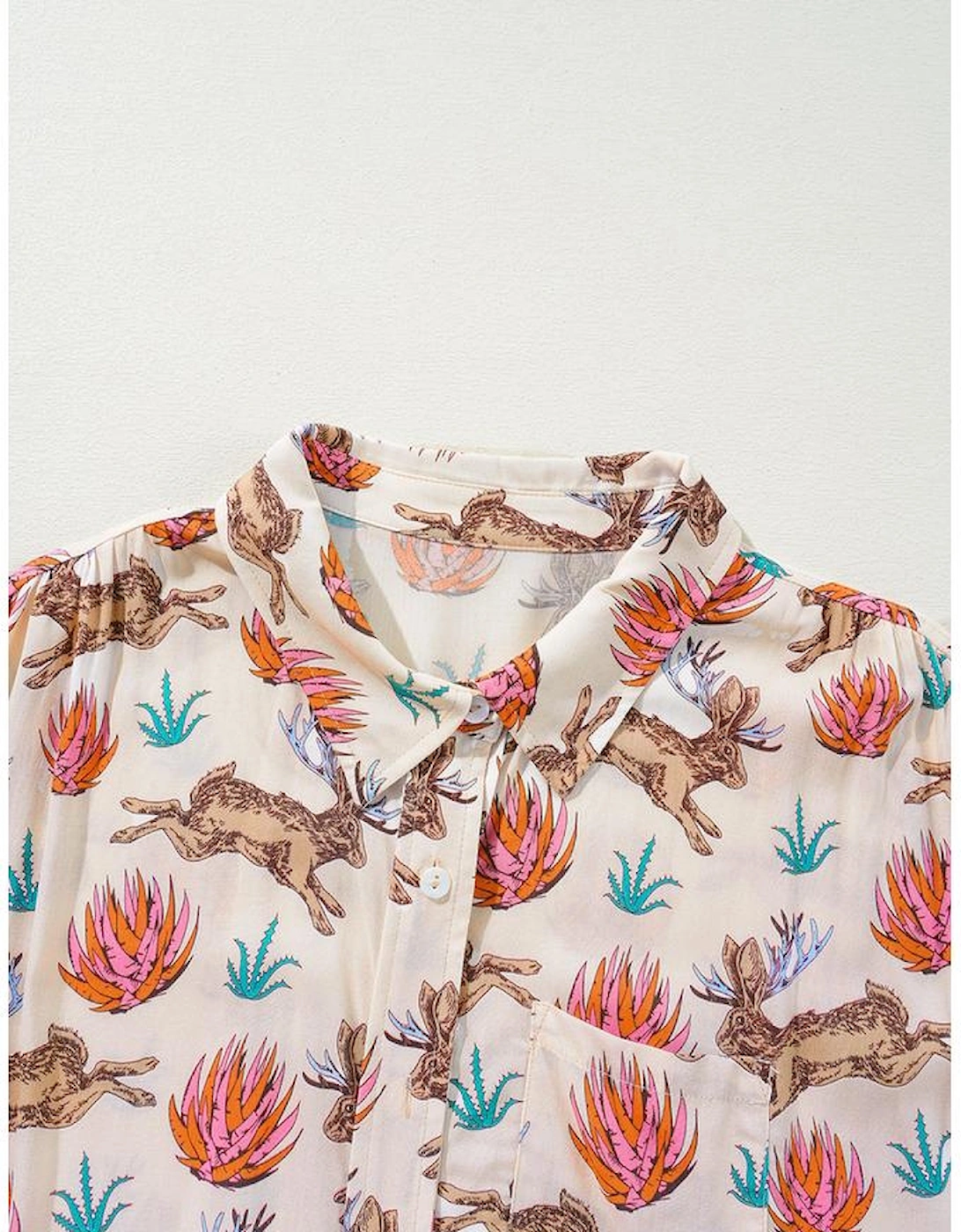 Khaki Plus Size Western Pattern Print Buttoned Short Sleeve Shirt