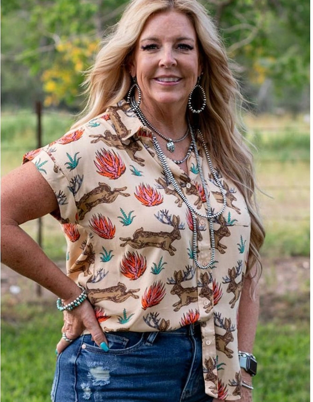 Khaki Plus Size Western Pattern Print Buttoned Short Sleeve Shirt