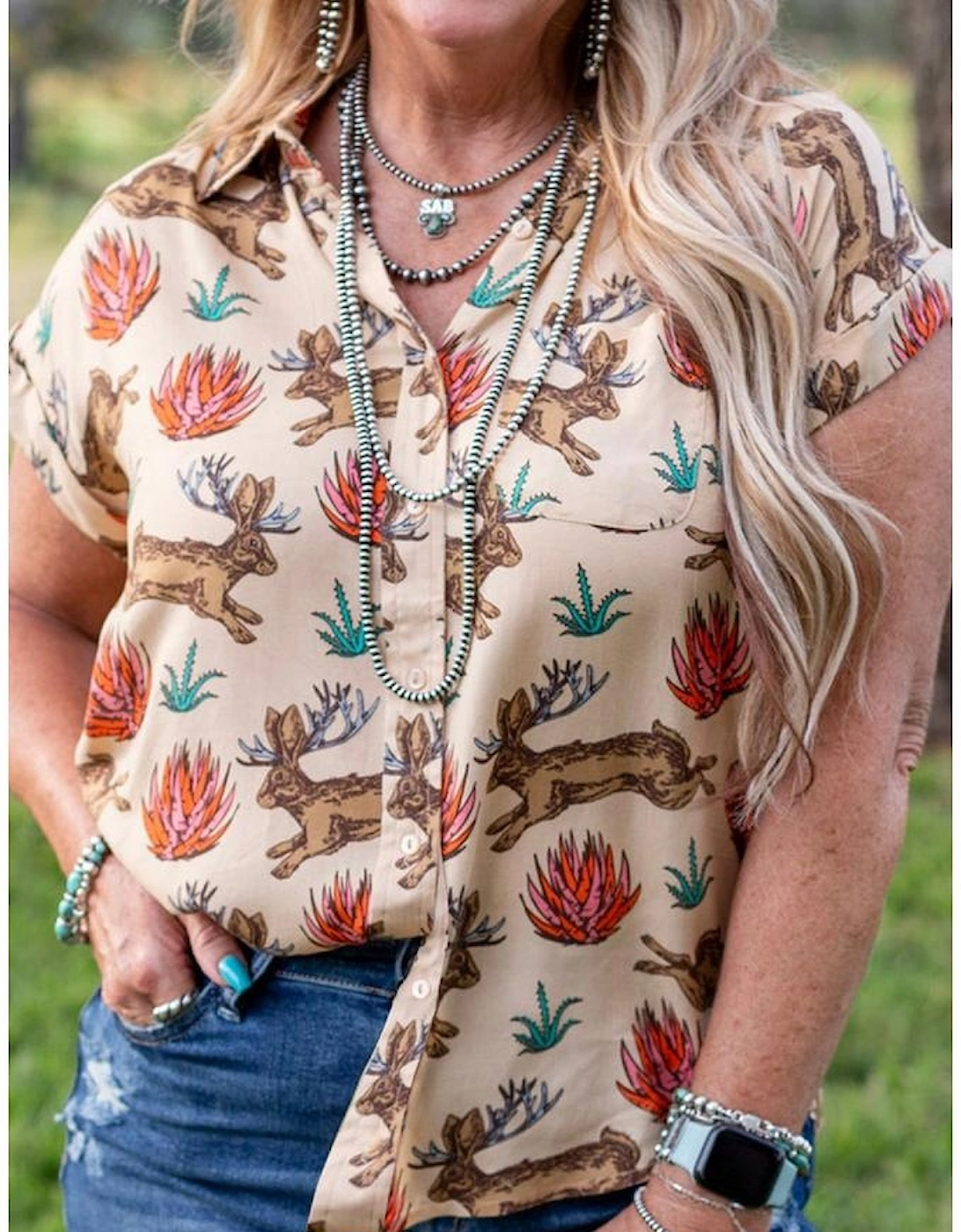 Khaki Plus Size Western Pattern Print Buttoned Short Sleeve Shirt, 11 of 10