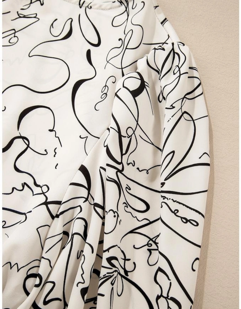 Beige Abstract Print Balloon Sleeve Crew Neck Blouse