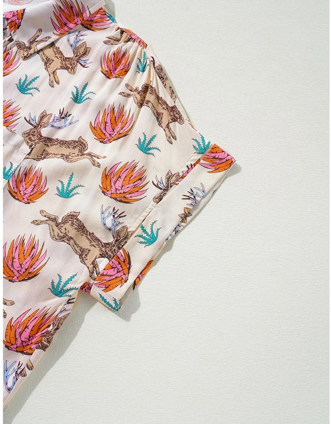 Khaki Plus Size Western Pattern Print Buttoned Short Sleeve Shirt