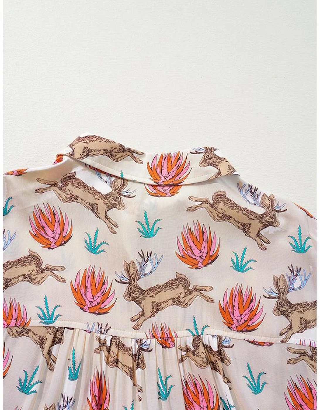 Khaki Plus Size Western Pattern Print Buttoned Short Sleeve Shirt