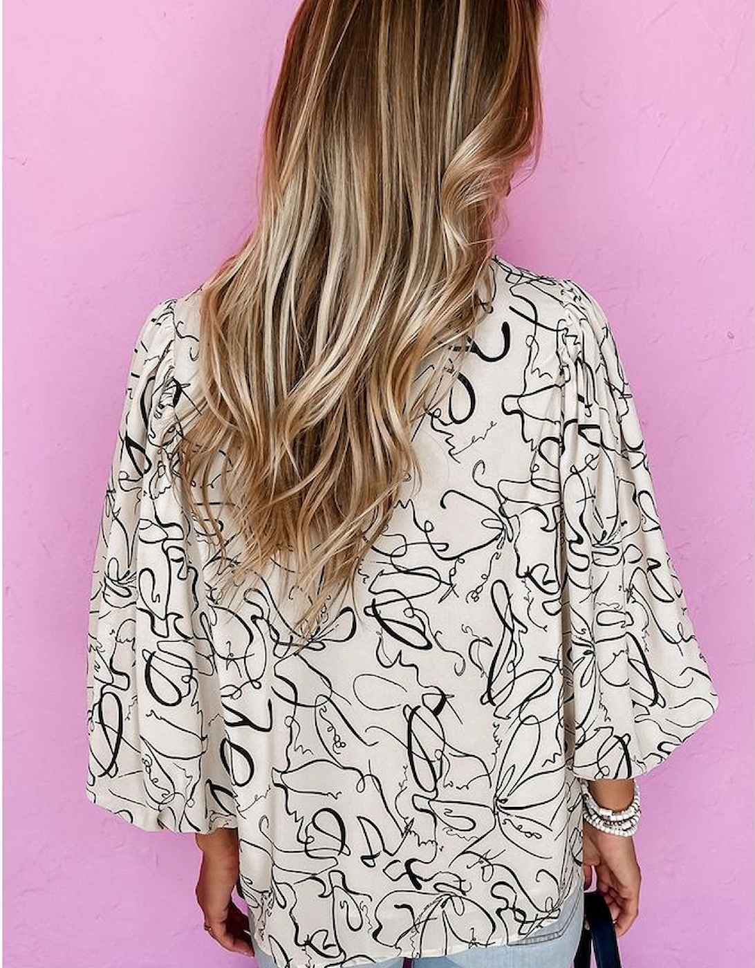 Beige Abstract Print Balloon Sleeve Crew Neck Blouse
